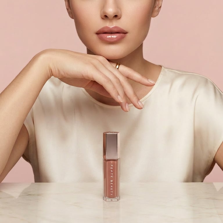 Create an elegant shot of the lipstick on a clean tabletop, alongside a beautiful female model's lips in a soft, sophisticated pose, with a half-body composition and harmonious proportions, set against a light pink studio backdrop, and lit with professional studio lighting that produces gentle, natural shadows for enhanced depth and product emphasis.