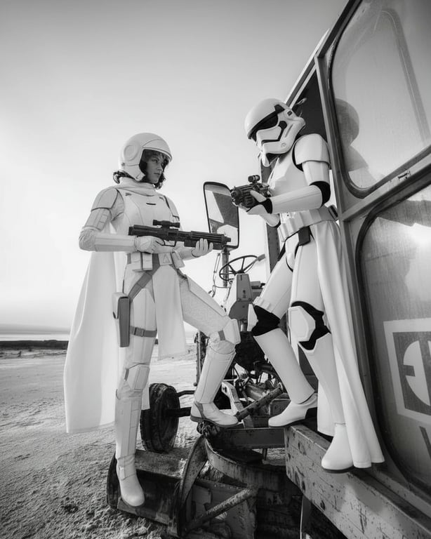 a portrait in a group or duo cosplay outfit, featuring coordinated characters from the same series, with interactive posing and matching themes