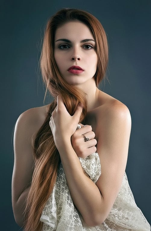 ai eye contact correction after photo - woman portrait with green background corrected to look directly at the camera