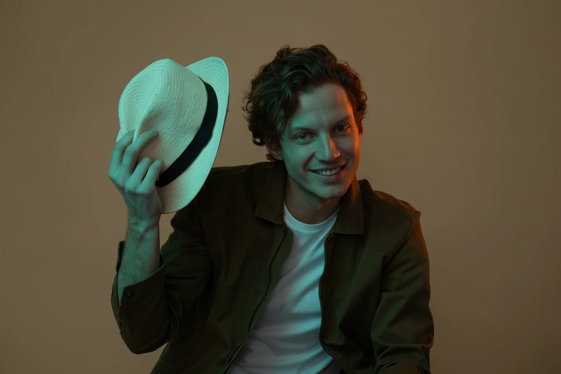 a portrait of a man, strong teal shadows and warm orange highlights, cinematic lighting, sharp focus, moody atmosphere.