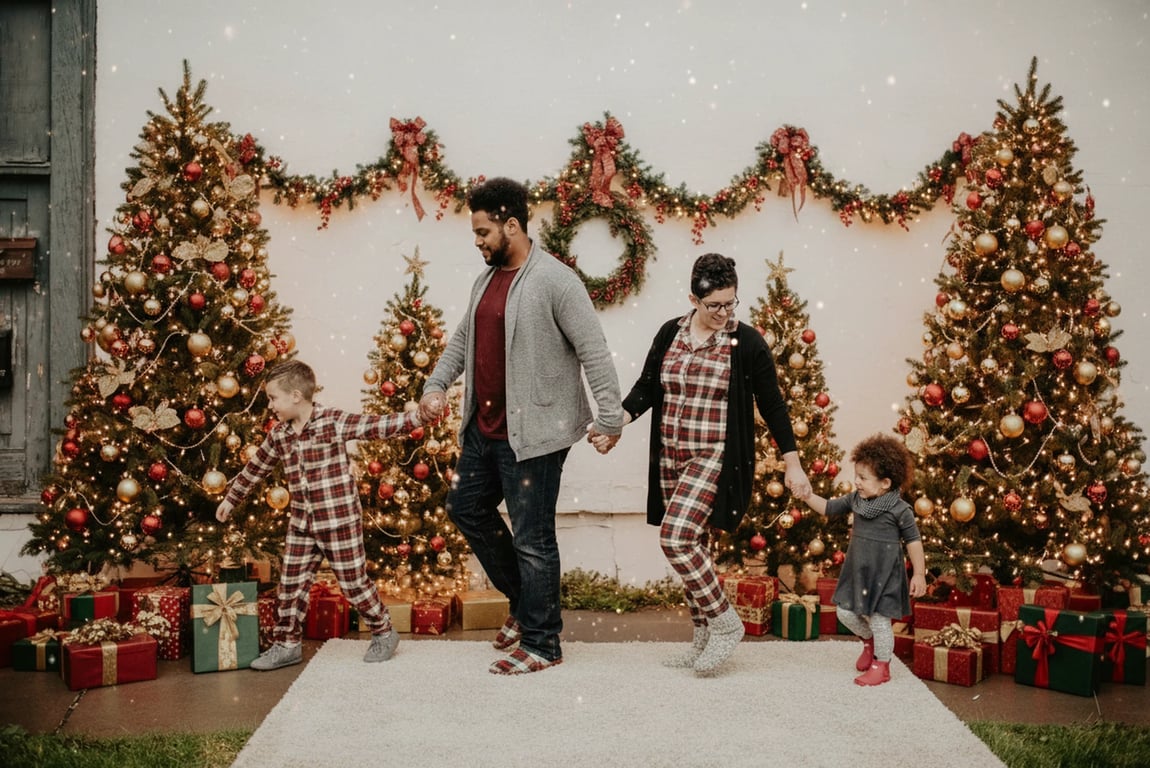 Christmas outfit after – person in matching holiday pajamas ready for family shots