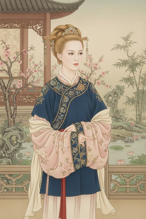 a portrait of a woman in traditional hanfu, gongbi painting style, fine lines, rich mineral pigments, intricate hair ornament details, serene garden setting.