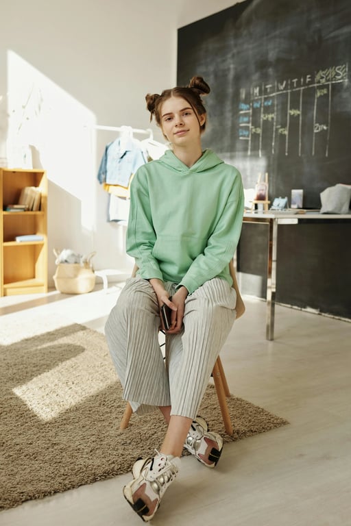 90s theme party clothes filter before photo - portrait in everyday hoodie under natural window light