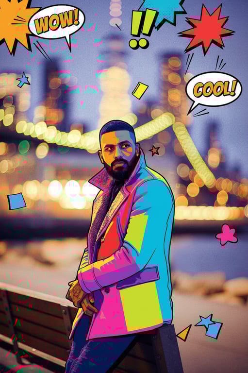 a portrait of a person illustrated in a distinctly American art style, featuring confident frontal framing, strong visual structure, bold color decisions, and the unmistakable look of classic American posters and editorial illustrations