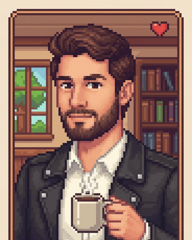 A portrait of a real person reimagined as a Stardew Valley marriage candidate, with pixel art features, soft smile, and holding a loved item like a book or coffee.