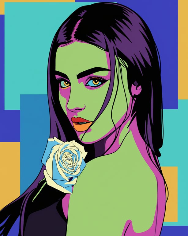 a portrait of a person rendered in an Andy Warhol–inspired pop art style featuring vivid contrasting color blocks, simplified facial structure, bold outlines, flat lighting, and classic pop art cultural energy