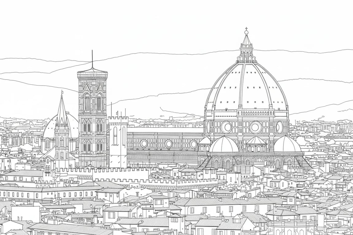 A detailed castle line drawing generated as a coloring page, with turrets and flags, intended for crayons, bold outlines, no internal details.