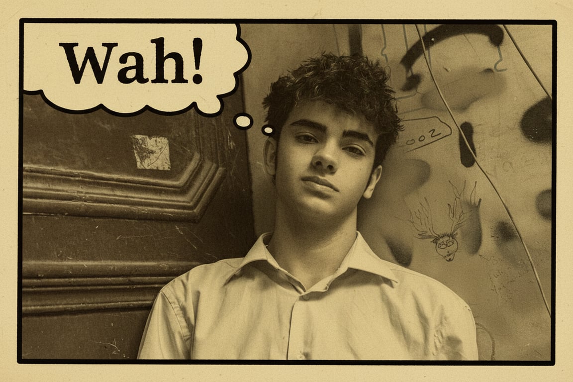 a portrait of a man, comic strip selfie, panel border, thought bubble with \"Wah!\", classic peanuts font, yellow tint.