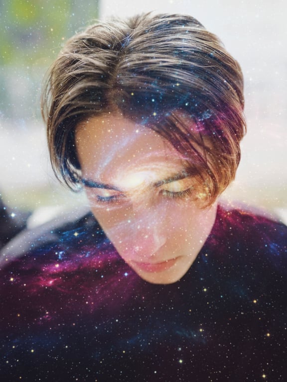 A portrait of a man with a galaxy nebula texture blended into his skin and hair, stars and colors flowing with his features, cosmic and mysterious vibe.