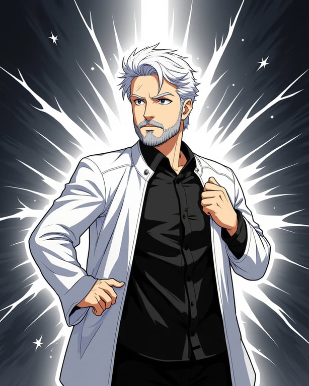 a portrait of a person as a Gotei 13 Captain, wearing the white captain's haori over the kimono with a powerful aura