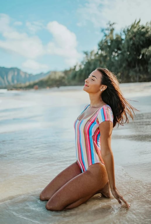 a portrait of a person with swimwear changed into a different design, maintaining natural anatomy, consistent fabric texture, balanced proportions, and clean visual edges