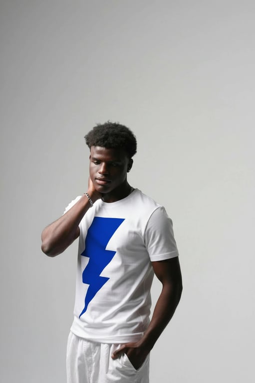 a portrait of a person edited with a bold statement T-shirt design featuring a large high-contrast symbol such as a lightning bolt, heart, or arrow, solid color fill, sharp edges, centered and scaled to dominate the chest area, with natural fabric deformation and balanced visual weight