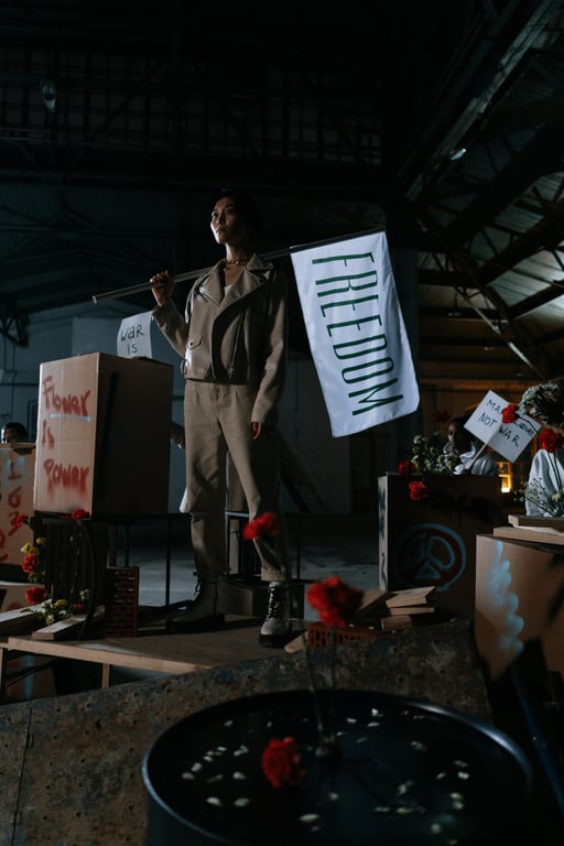A peace flag: a white dove in flight centered on a light blue field, with olive branches forming a circular border, embodying serenity and hope.