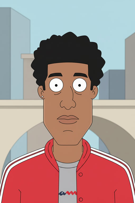 a portrait of a man, family guy art style, large chin, small eyes with pupils close together, simple linework, solid color fills.