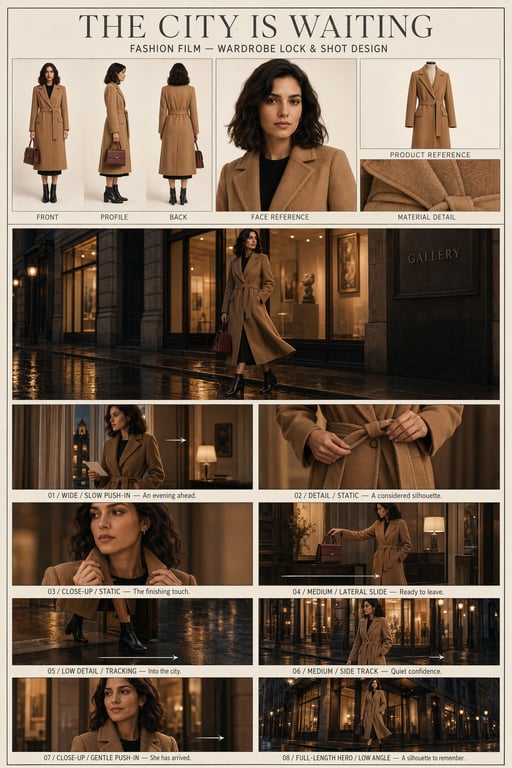 gallery item - 3 - เปลี่ยนบทเกี่ยวกับผู้หญิงในเสื้อโค้ทสีอูฐที่กำลังมุ่งหน้าไปงานแกลเลอรี่ตอนเย็นให้เป็นสตอรี่บอร์ดแฟชั่นแปดช็อต