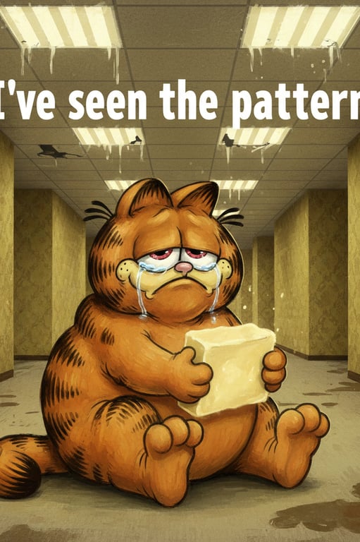 An image of Garfield the cat with the face of a crying Wojak, holding a glowing stick of butter, in a liminal space backroom, with the text \"I've seen the patterns\".
