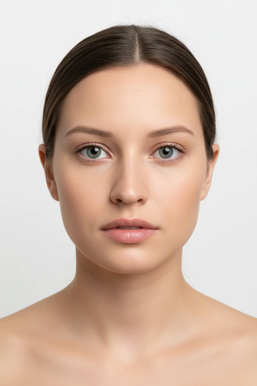 a portrait of a woman, compliant id photo, solid light-colored background, eyes open and visible, no shadows, direct camera gaze.