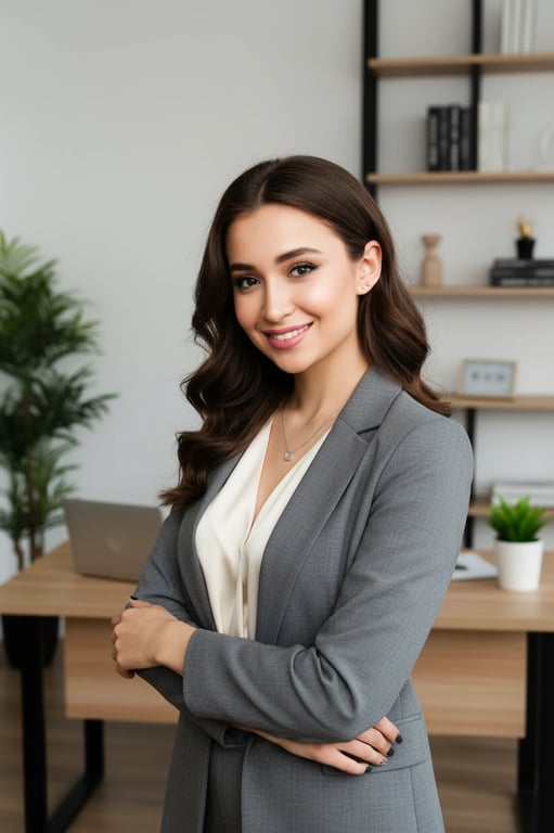a portrait of a woman, linkedin photo with professional background, virtual office backdrop, balanced lighting, approachable pose.