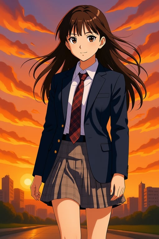A full-body character design in 90s anime style, wearing a classic school uniform or mecha pilot suit, standing against a sunset with a gradient sky backdrop.