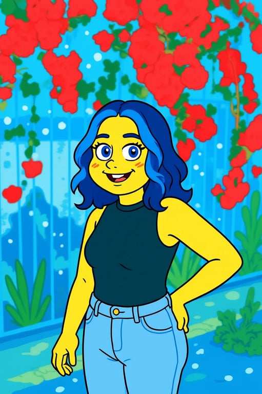 a portrait of a person transformed into a SpongeBob-style cartoon character with simplified facial features, rounded shapes, flat bright colors, bold outlines, and a cheerful underwater cartoon feeling.