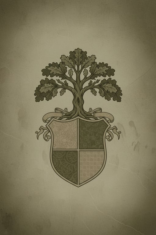 Generate a traditional crest with a timeless feel, directly using the muted sepia and olive green tones from the old family photo. Feature a steadfast oak tree and a shield with a classic quartered division.