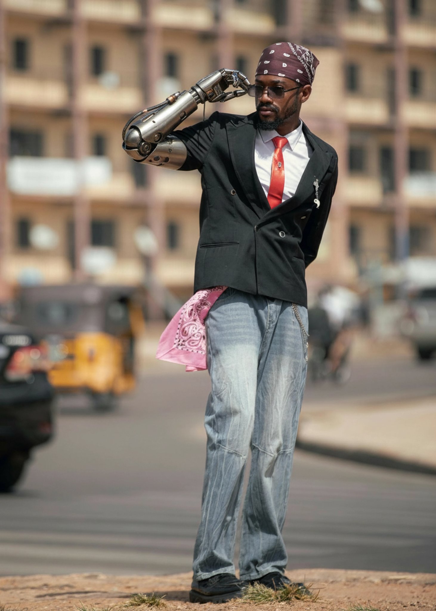 AI edit adding a realistic mechanical prosthetic arm with hydraulic details for a cyborg look.