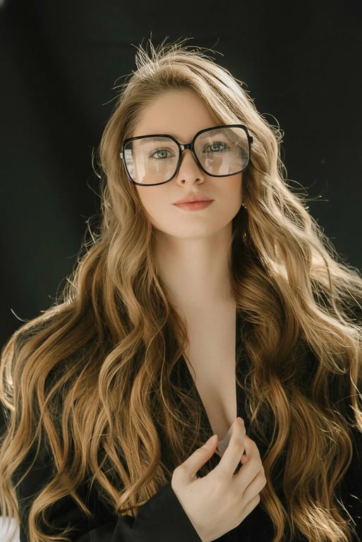 AI add glasses filter after transformation - studio photo showing AI generated clear lens glasses