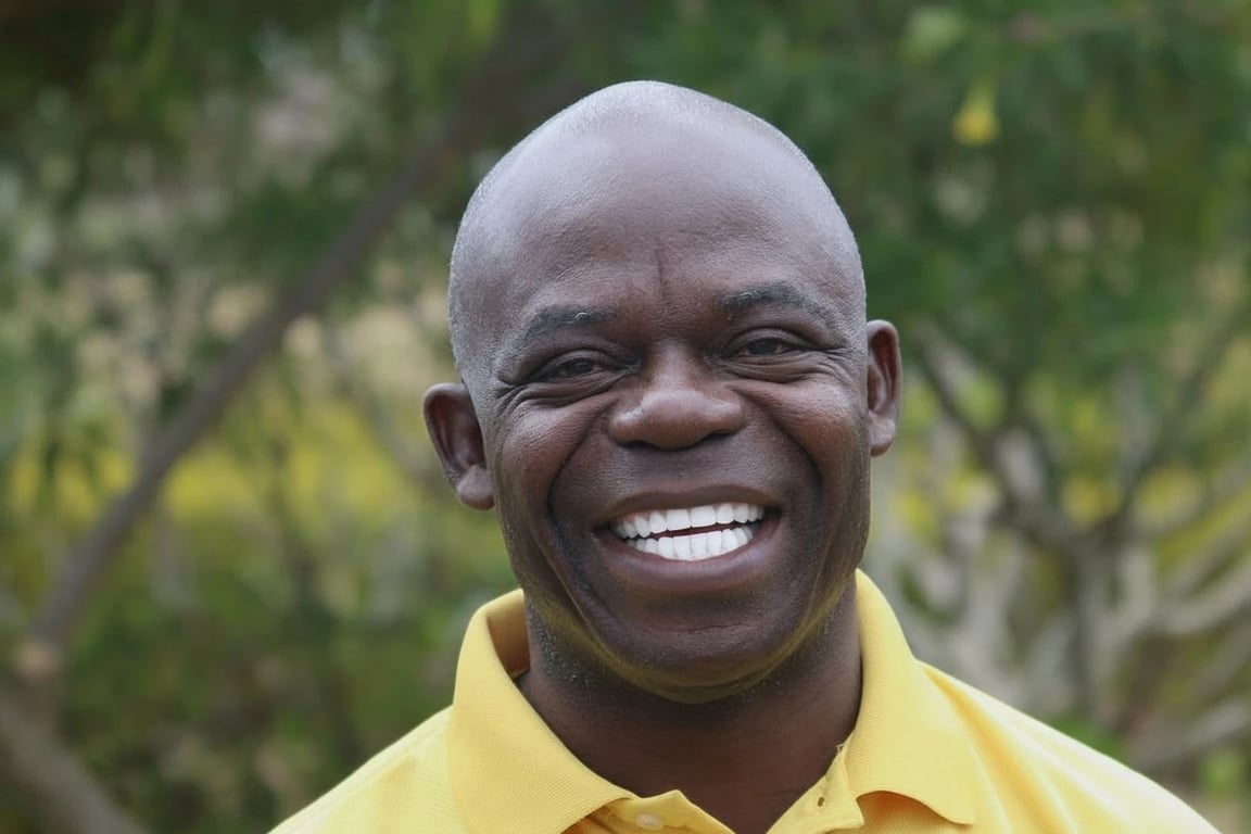 AI teeth whitening filter after photo - bald man smiling with enhanced white teeth