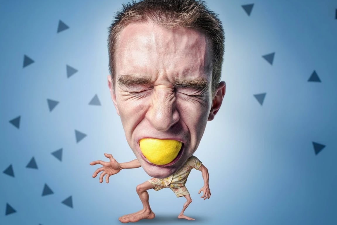 AI ugly filter after photo- exaggerated funny man with wide mouth on blue backdrop