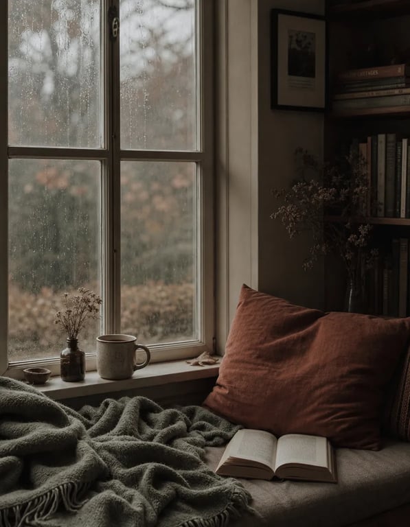  A cozy autumn reading nook beside a rain-streaked window, sage green knit blanket draped over the seat, a dusty terracotta linen cushion, an open book resting on the ledge, a ceramic mug and dried wildflowers on the windowsill, soft bookshelves in the background, muted earthy tones, quiet and melancholic mood, film-like editorial aesthetic.
