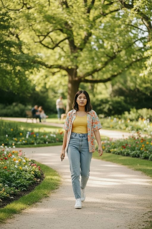 a portrait of a person styled with youthful summer outfit details, casual tops, relaxed shorts or skirts, bright tones, easy silhouettes, casual stance, and soft lighting