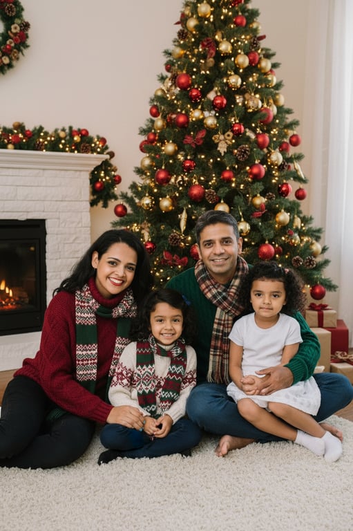 a portrait of a family transformed into a Christmas-themed family portrait, all members wearing coordinated winter holiday outfits such as sweaters and scarves in red, green, and neutral tones, standing or sitting closely together in a warm indoor setting with a decorated Christmas tree, soft golden lights, cozy atmosphere, gentle smiles, and a joyful holiday mood