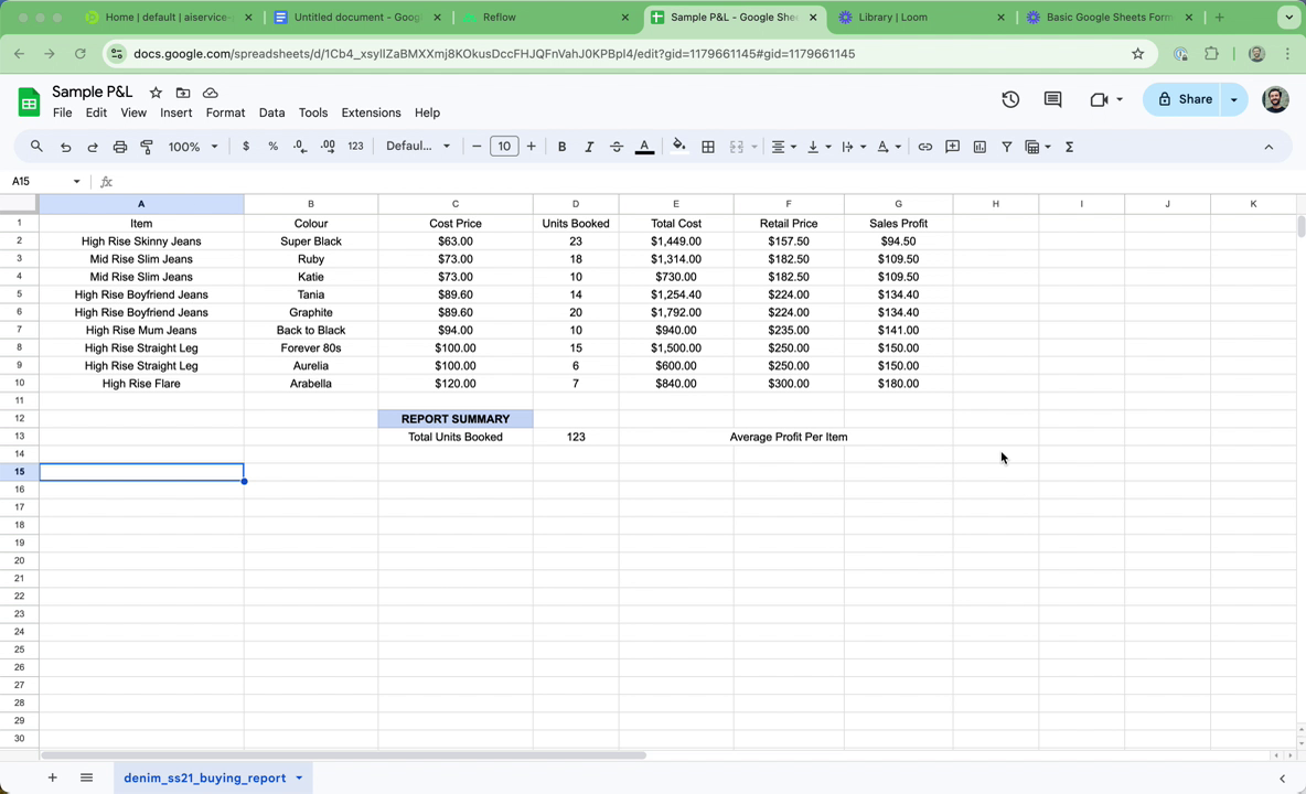 Sample spreadsheet with profit and loss statement