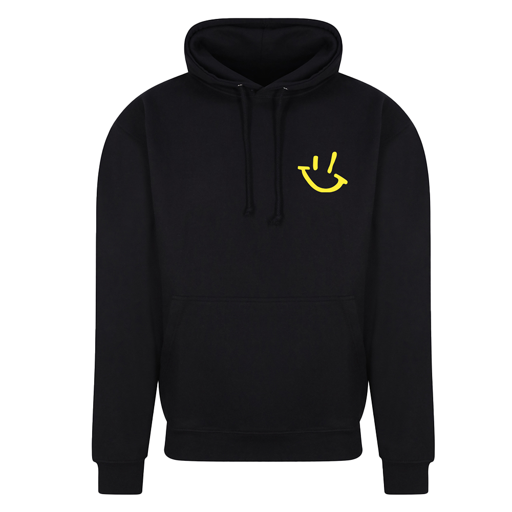 DEEP BLACK HOODED SWEATSHIRT WITH YELLOW GP SMILEY LOGO