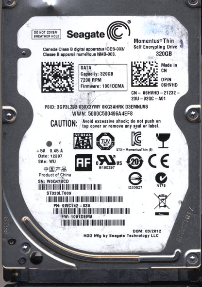 SEAGATE 320GB ST320LT009 9WC142-030 SN W0Q 100654403 DONOR DRIVE