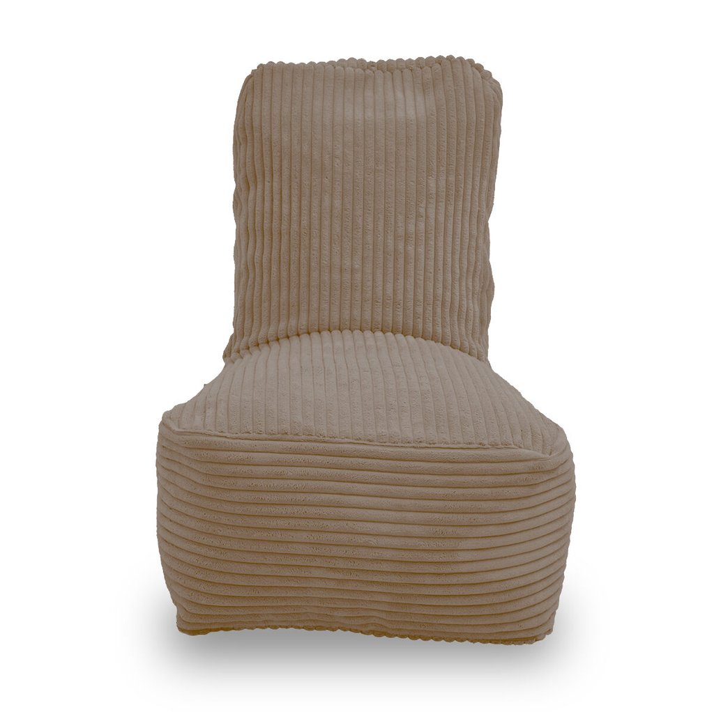 Fiji lichtbruin kinderzitzak in dik ribfluweel – aquablauw. Voorkant met hoge rugleuning