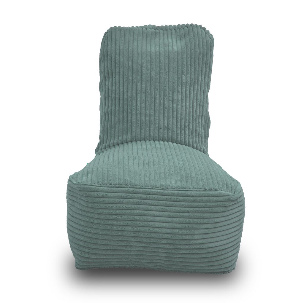 Fiji lichtblauw kinderzitzak in dik ribfluweel – aquablauw. Voorkant met hoge rugleuning