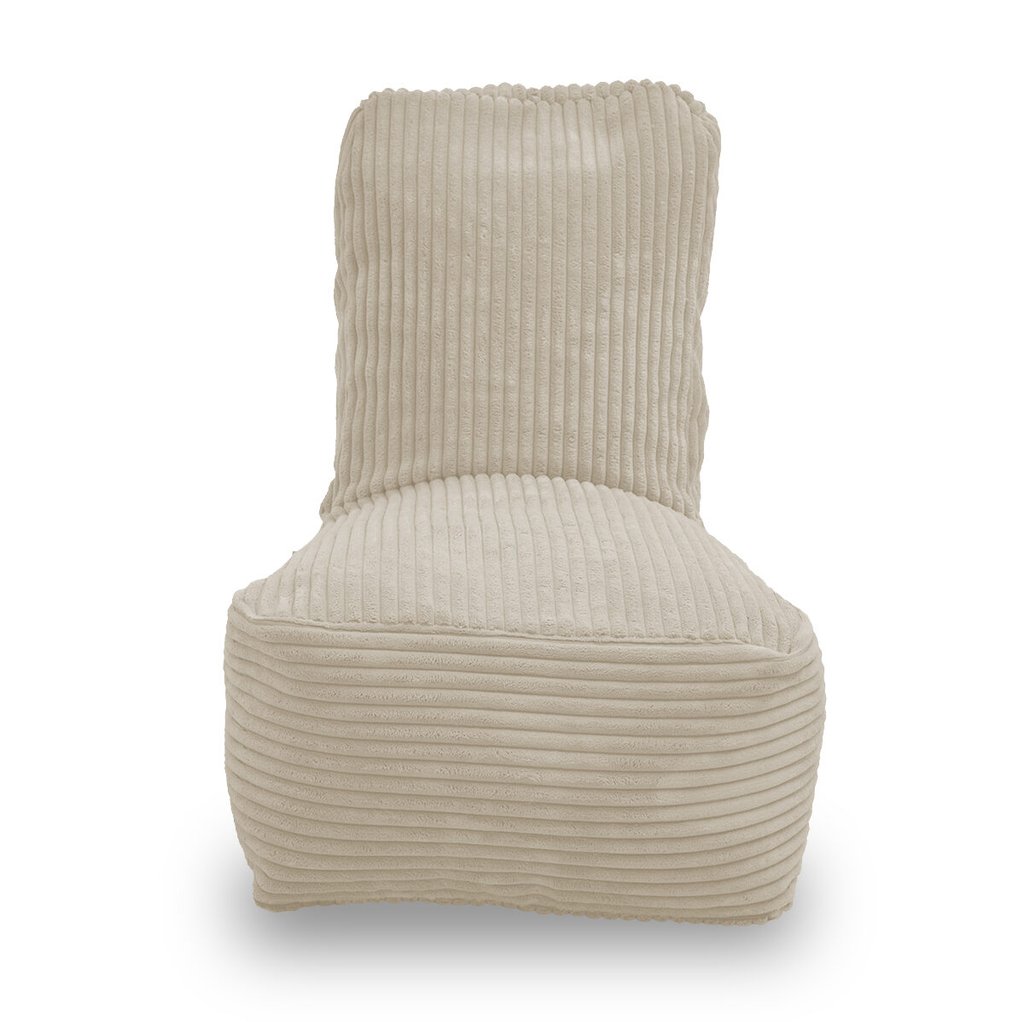 Fiji creme kinderzitzak in dik ribfluweel – aquablauw. Voorkant met hoge rugleuning