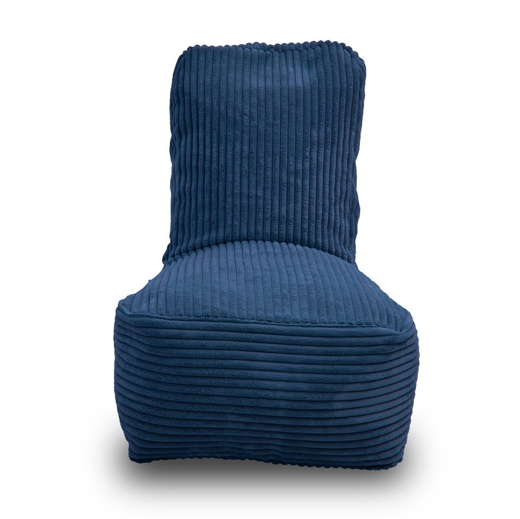 Fiji donkerblauwe kinderzitzak in dik ribfluweel – aquablauw. Voorkant met hoge rugleuning