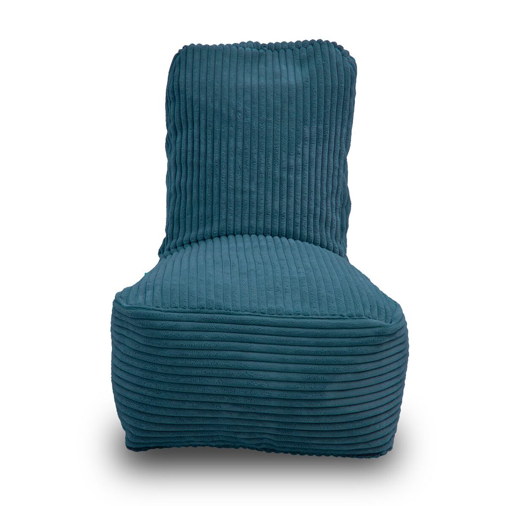 Fiji turquoise kinderzitzak in dik ribfluweel – aquablauw. Voorkant met hoge rugleuning