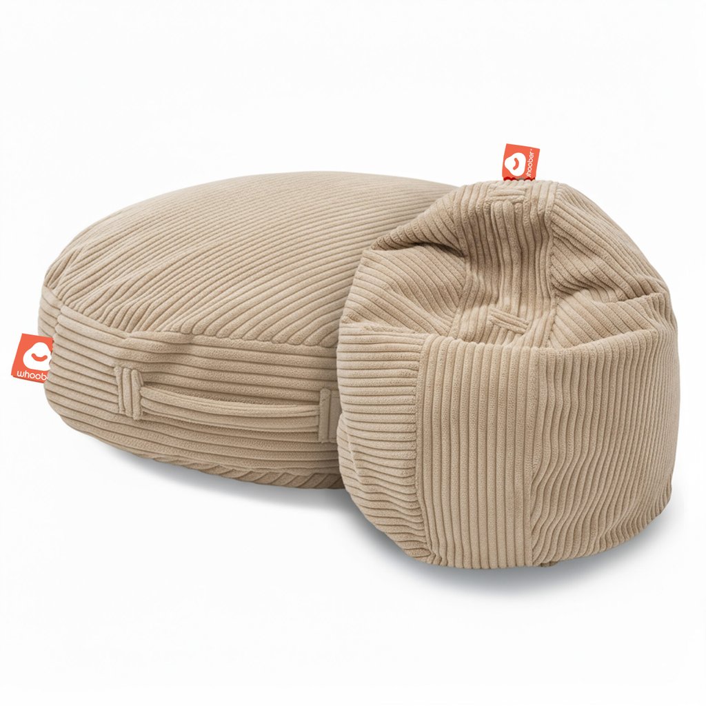 Ibiza beige ronde zitzak in dikke ribfluweel als stoel en liggend