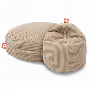 Ibiza beige ronde zitzak in dikke ribfluweel als stoel en liggend