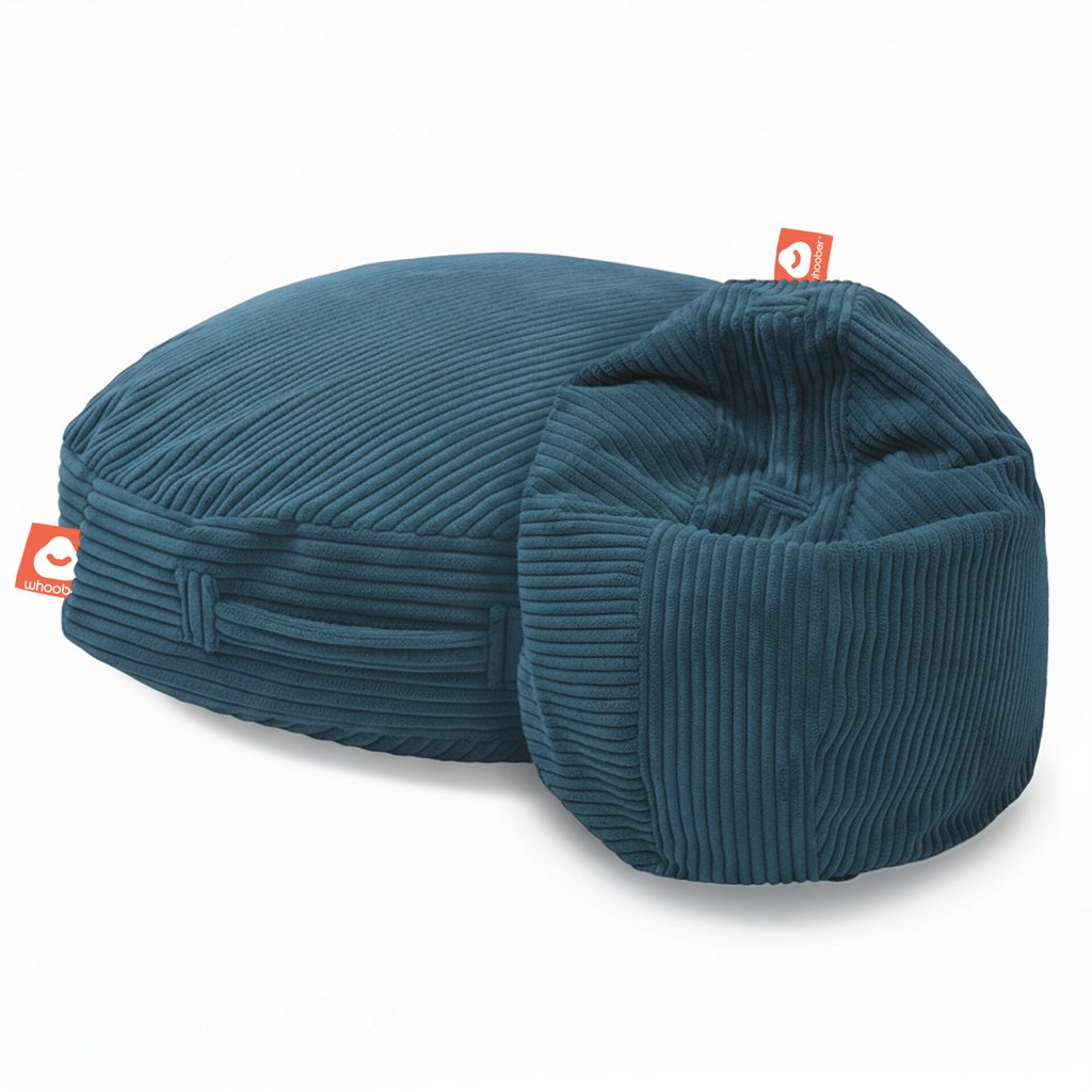 Ibiza Large donkerblauwe ronde zitzak in dikke ribfluweel als stoel en liggend