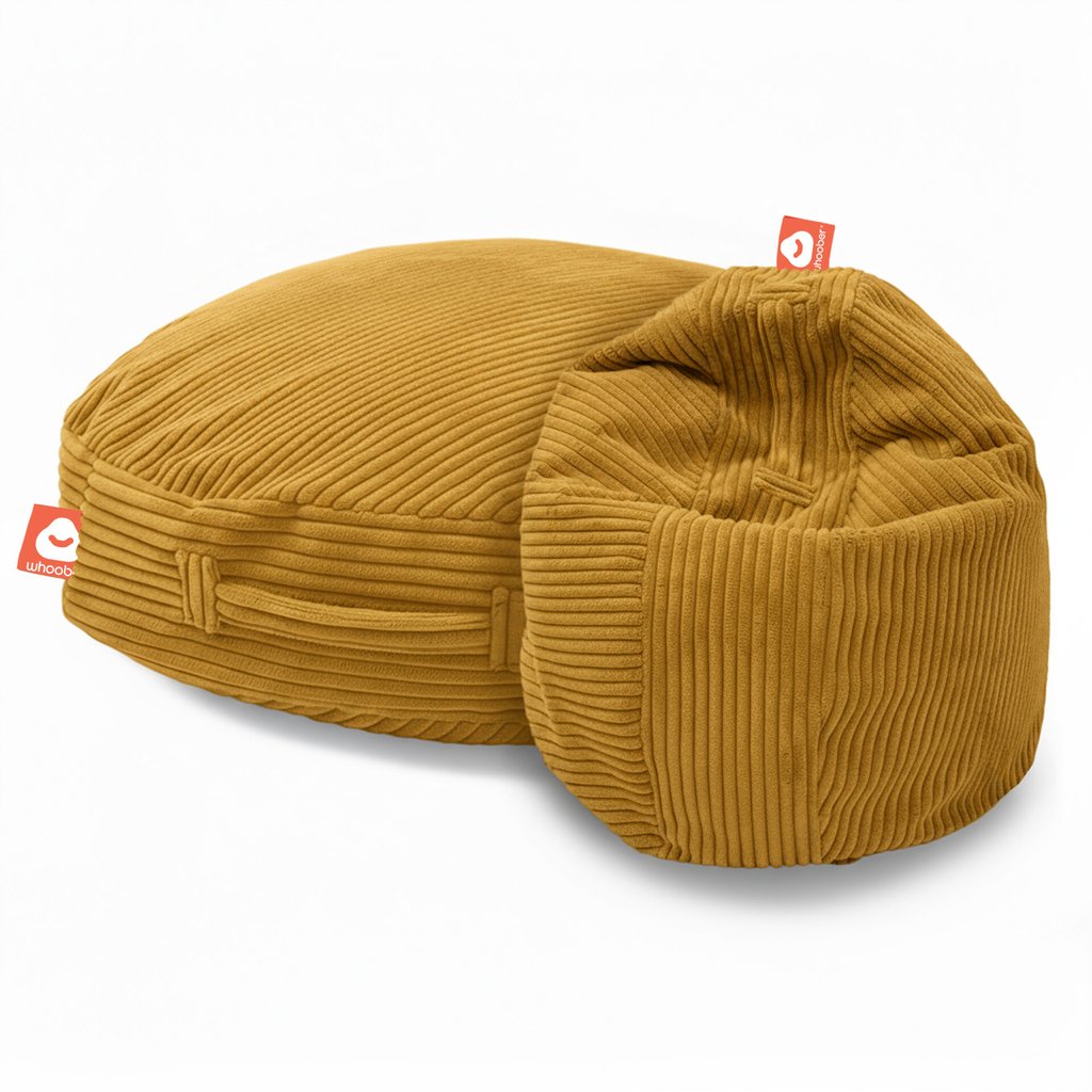 Ibiza gele ronde zitzak in dikke ribfluweel als stoel en liggend