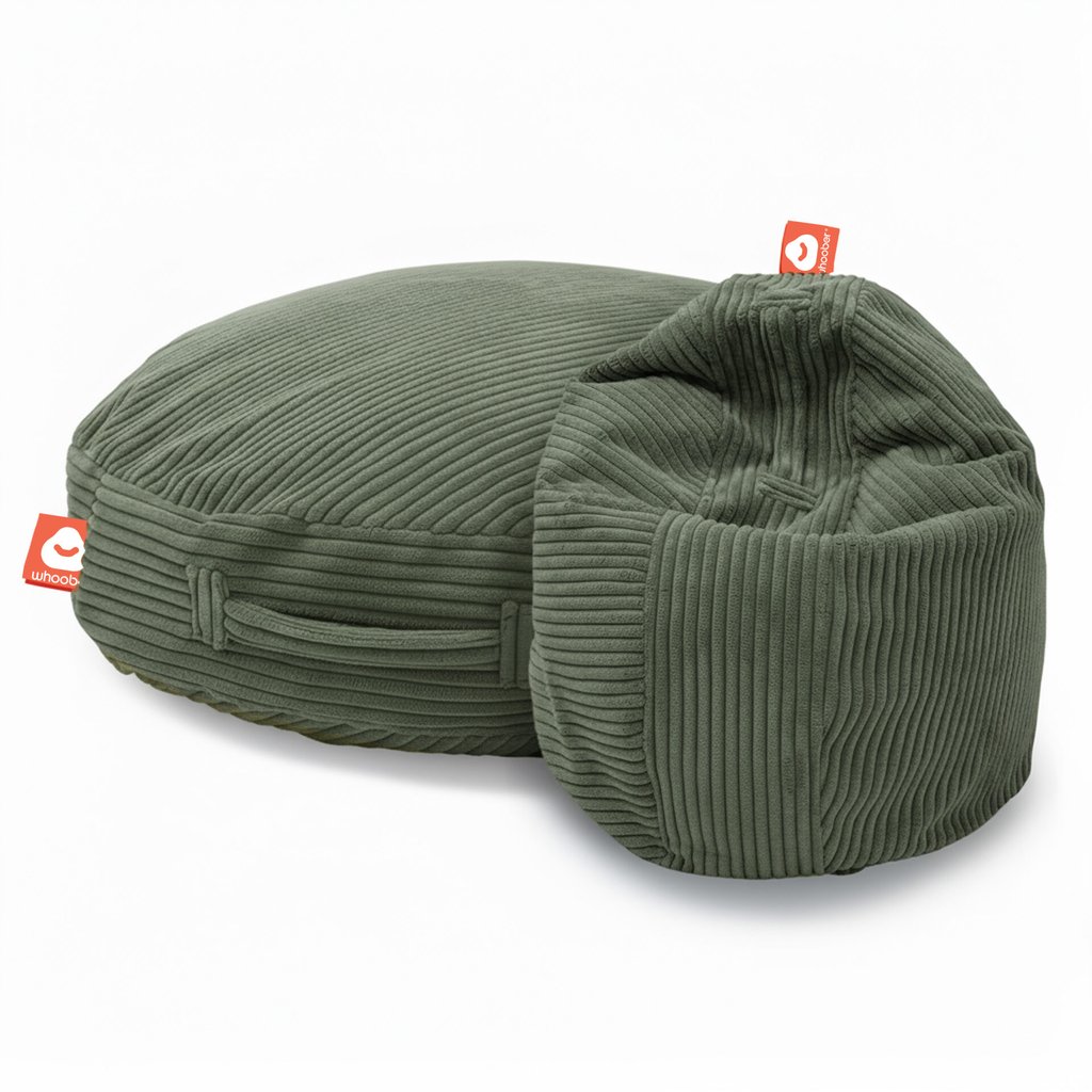 Ibiza licht groene zitzak in dikke ribfluweel als stoel en liggend