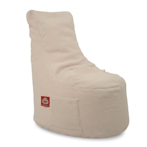 Nice creme stoelvormige zitzak in teddy stof. Zijkant met hoge rugleuning en lebel.