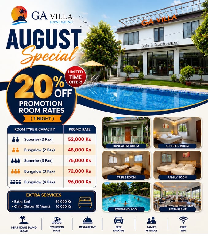 GA villa Hotel Room Only 3 Nights( အခန်းငှားခြင်း ၃ည)
