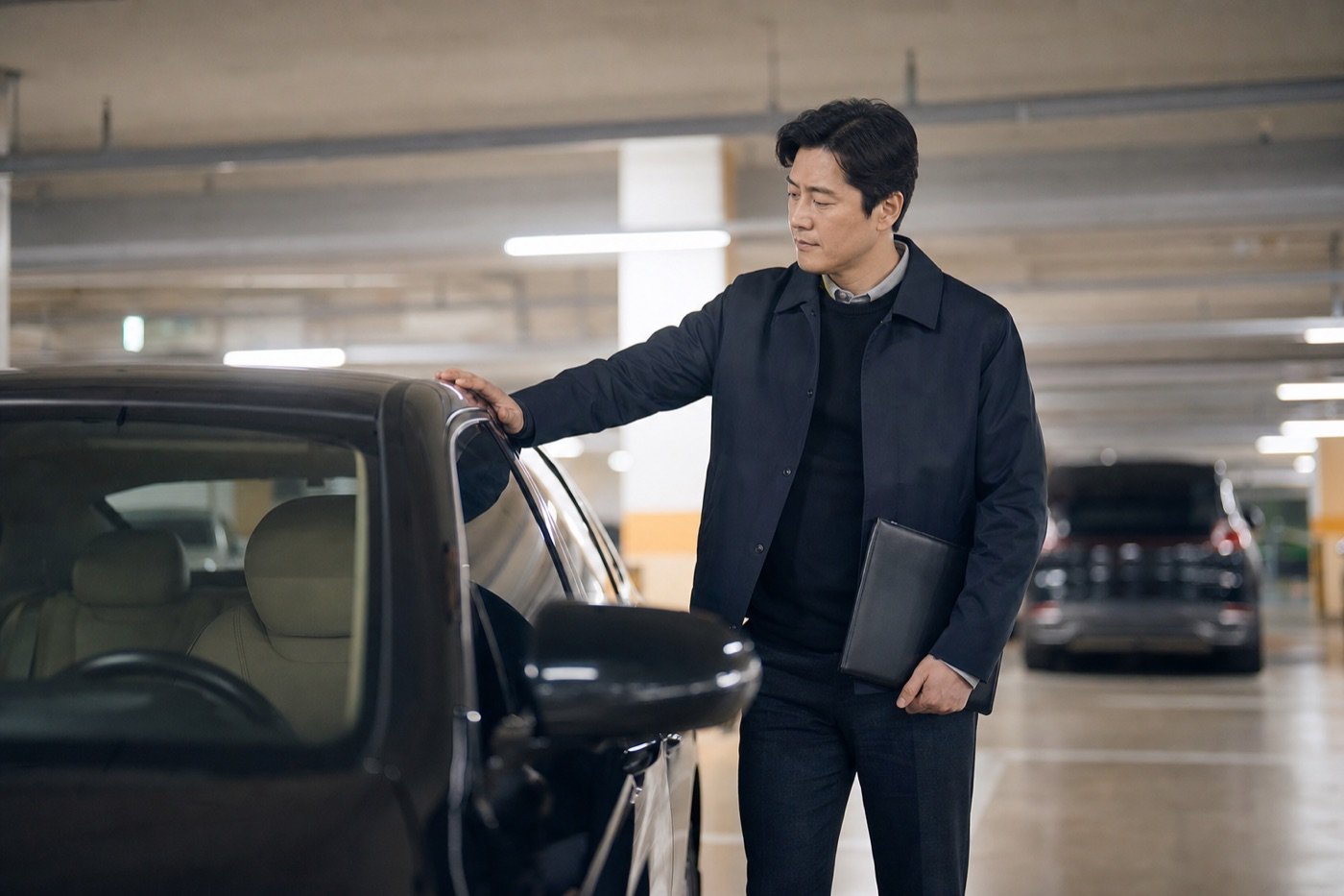 지하 주차장에서 법인 차량을 살펴보는 대표