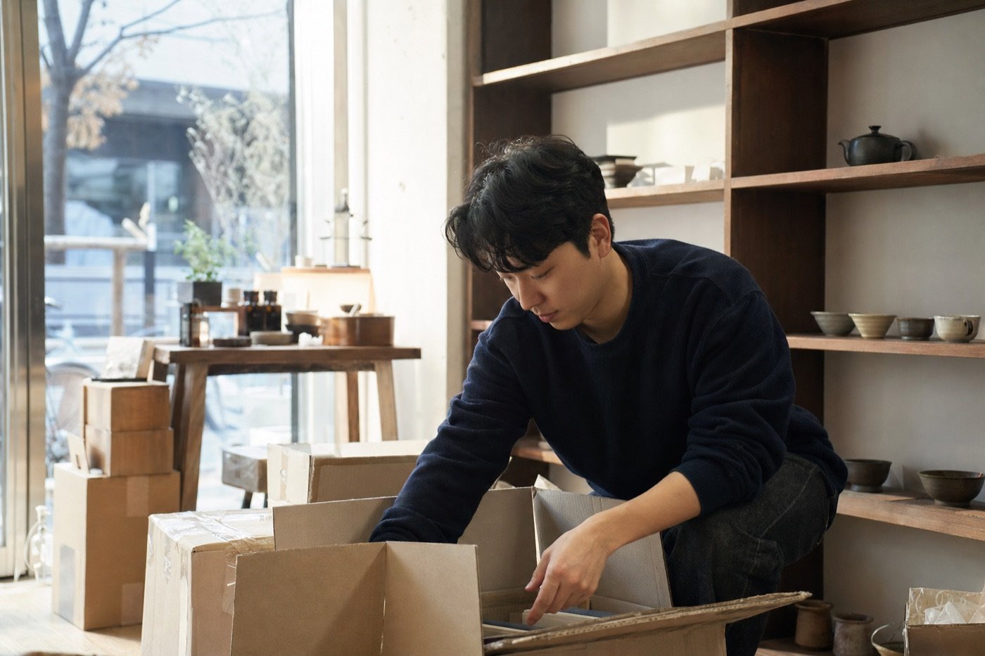 첫 가게를 열며 물품을 정리하는 청년 창업자