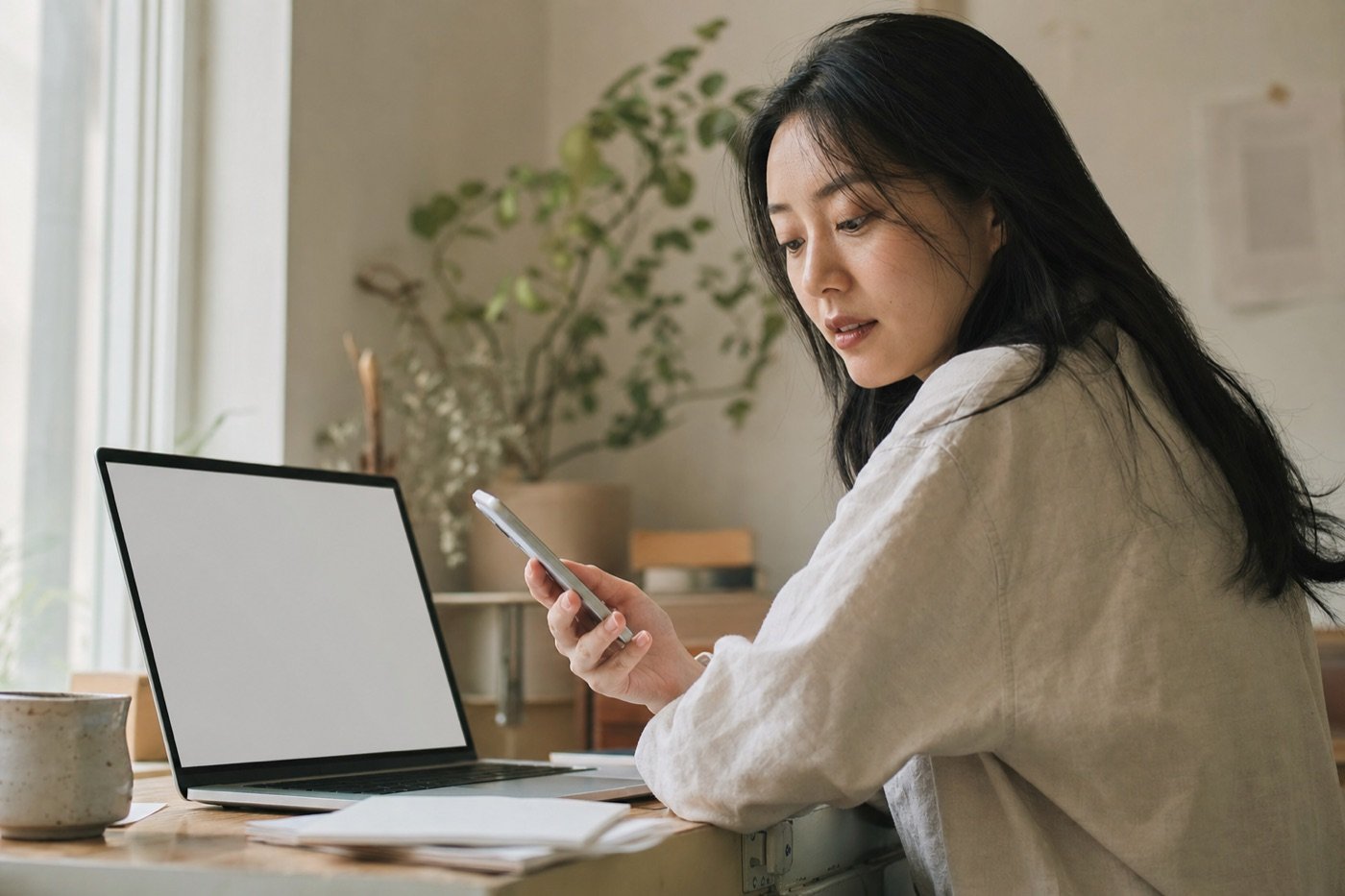 집에서 휴대폰으로 환급 내역을 확인하는 프리랜서
